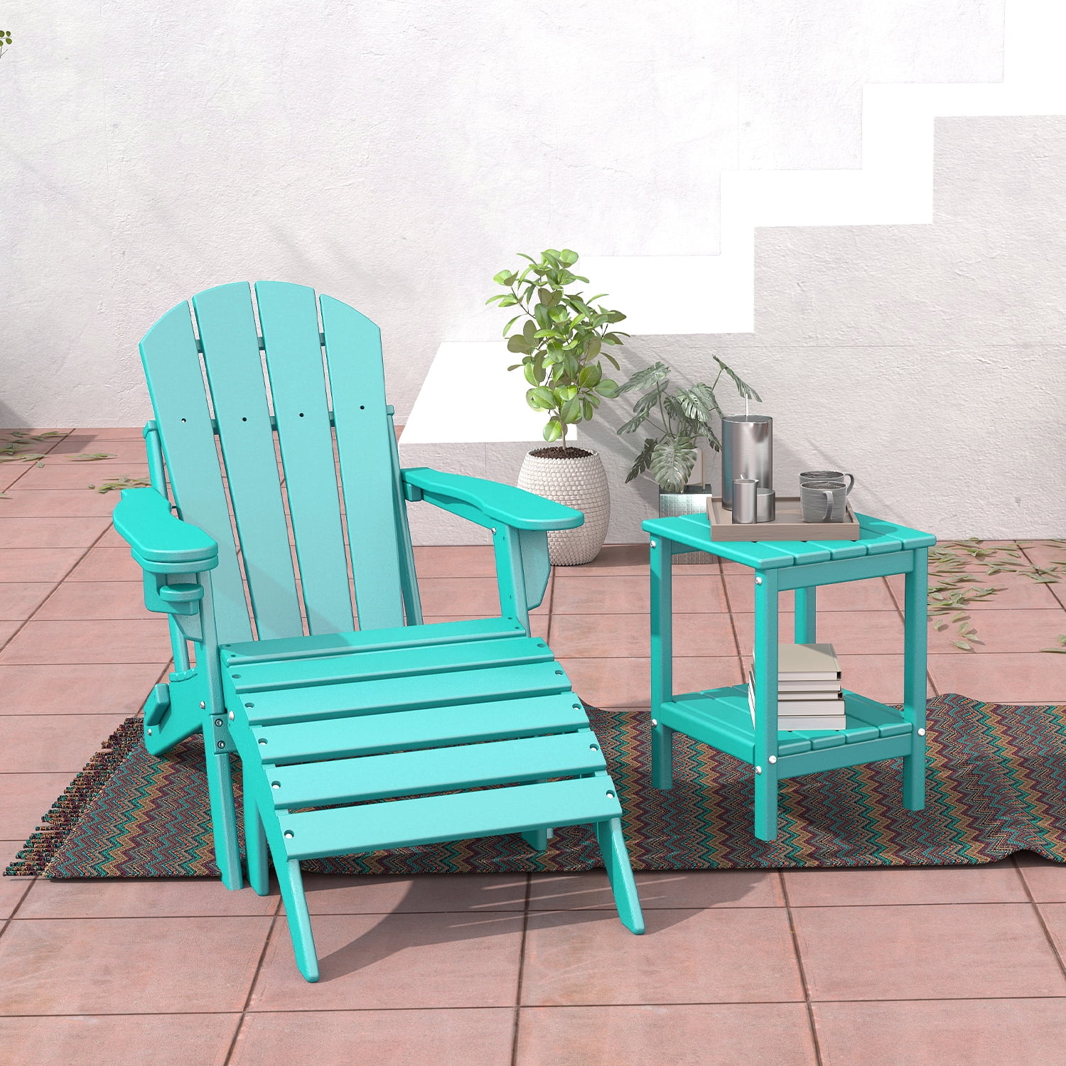 Pipopa Adirondack Outdoor Side Table Set of 2,HDPE All Weather Double Layer Patio Side Table,Rectangular End Table for Garden Balcony Pool,Aqua
