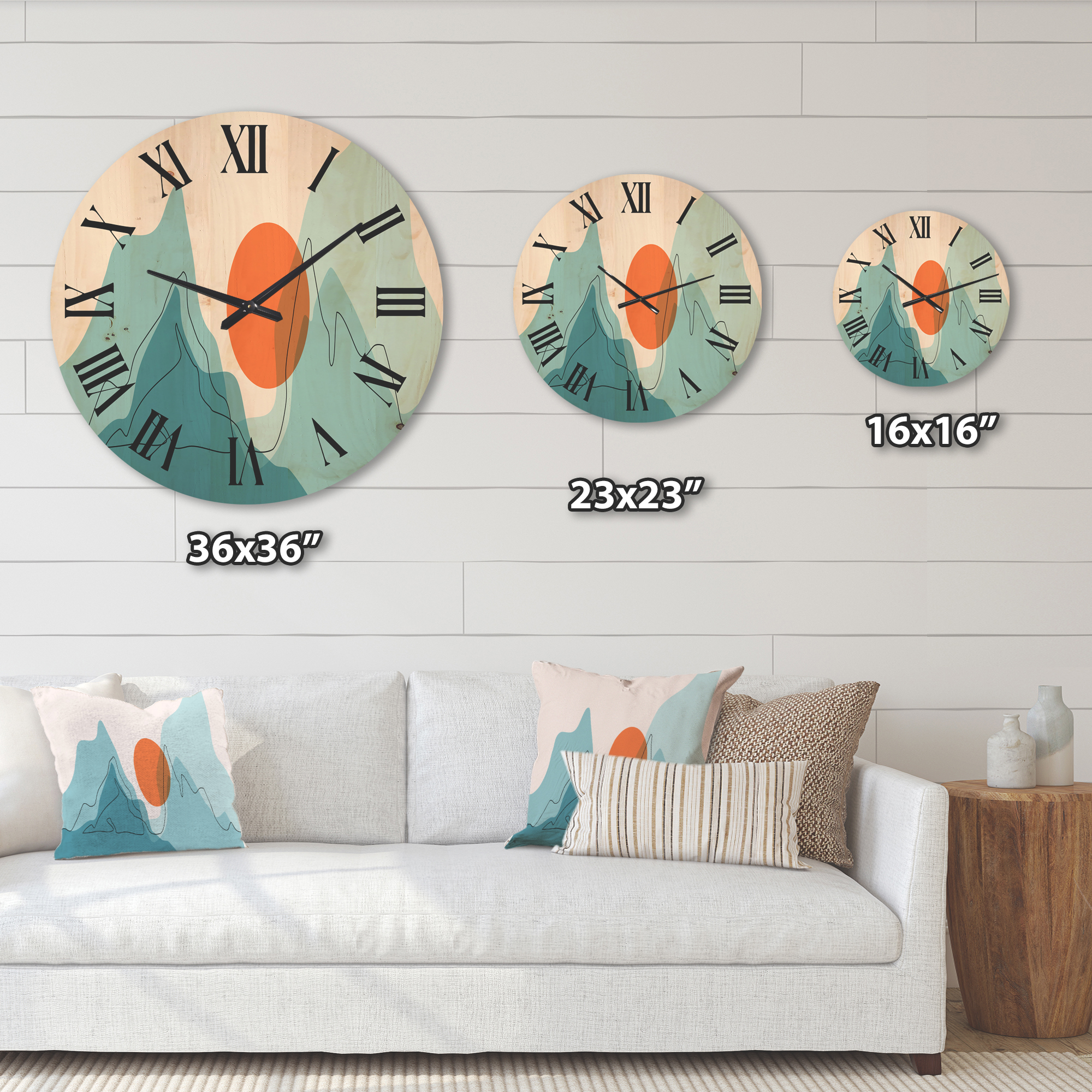 Designart 'Abstract Blue Mountains With Red Moon I' Modern Wood Wall Clock