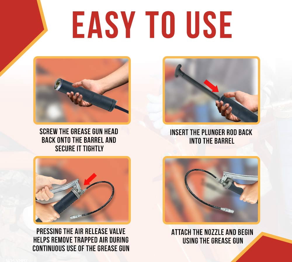 4 Pack Lever Action Grease Gun Heavy Duty Maximum Pressure - 10,000 PSI with 18-inch Whip Hose - Aluminium Cast Head - Capacity 16 oz Bulk/ 14oz Cartridge
