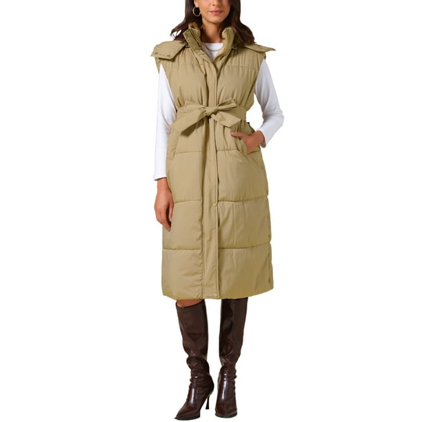 INSPIRE CHIC Chaleco de Invierno sin Mangas con Capucha para Mujeres, con Bolsillos y Cinturón, Talla 2XL, Color Marrón