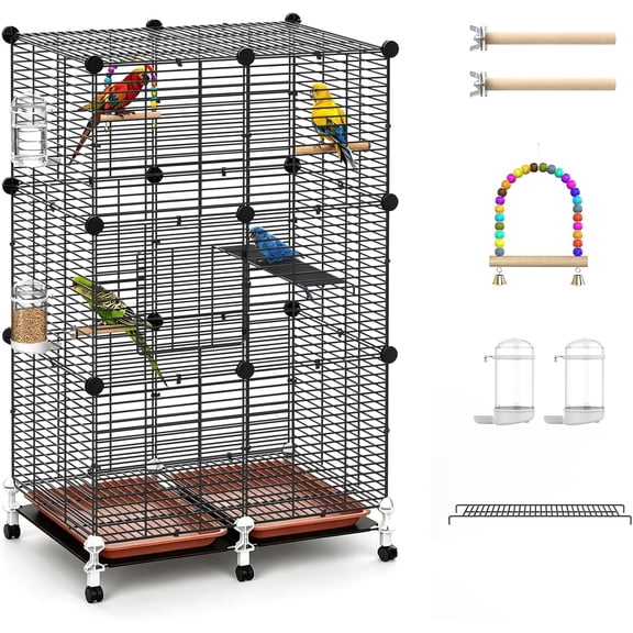 Pawaboo Bird Cage, 24.2''L x 16''W x 41''H Flight Cage with Slide-Out Tray, Waterer & Feeder, 360° Movable Metal Breeding Bird Cages with Stand & Perch for Parrot Parakeets Cockatiel Lovebird Finch