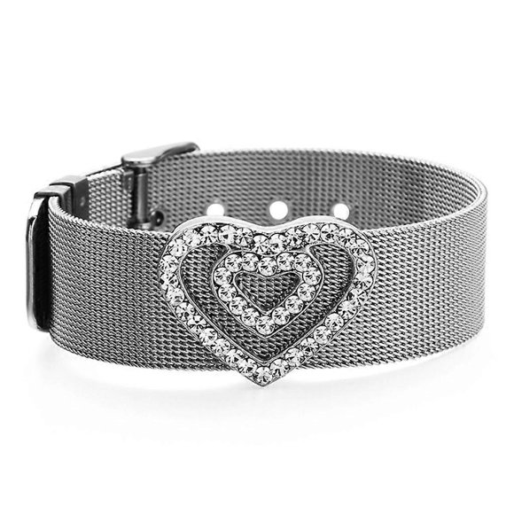 Titanium Steel Rhinestone Wide Bracelets Sparkly Love Heart Diamonds Bangles