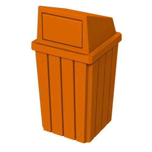 Sturdy Essentials 32 Gallon Square Slated 100% Recycled Plastic Heavy Duty Outdoor Trash Can with Push Top Lid - Orange