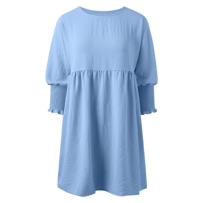 Gubotare Long Sleeve Dress for Women Womens Casual Dress Crewneck Long Sleeve Empire Waist A-Line Mini Dress (Blue,XL)