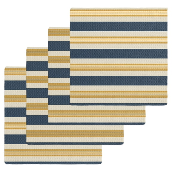 Yellow Navy Blue Kitchen Dish Towels for Drying Dishes Set of 4, Farmhouse Ombre Abstract Stripes Waffle Weave Microfiber Hand Tea Bathroom Towels Quick Dry & Absorbent Towel 12x12