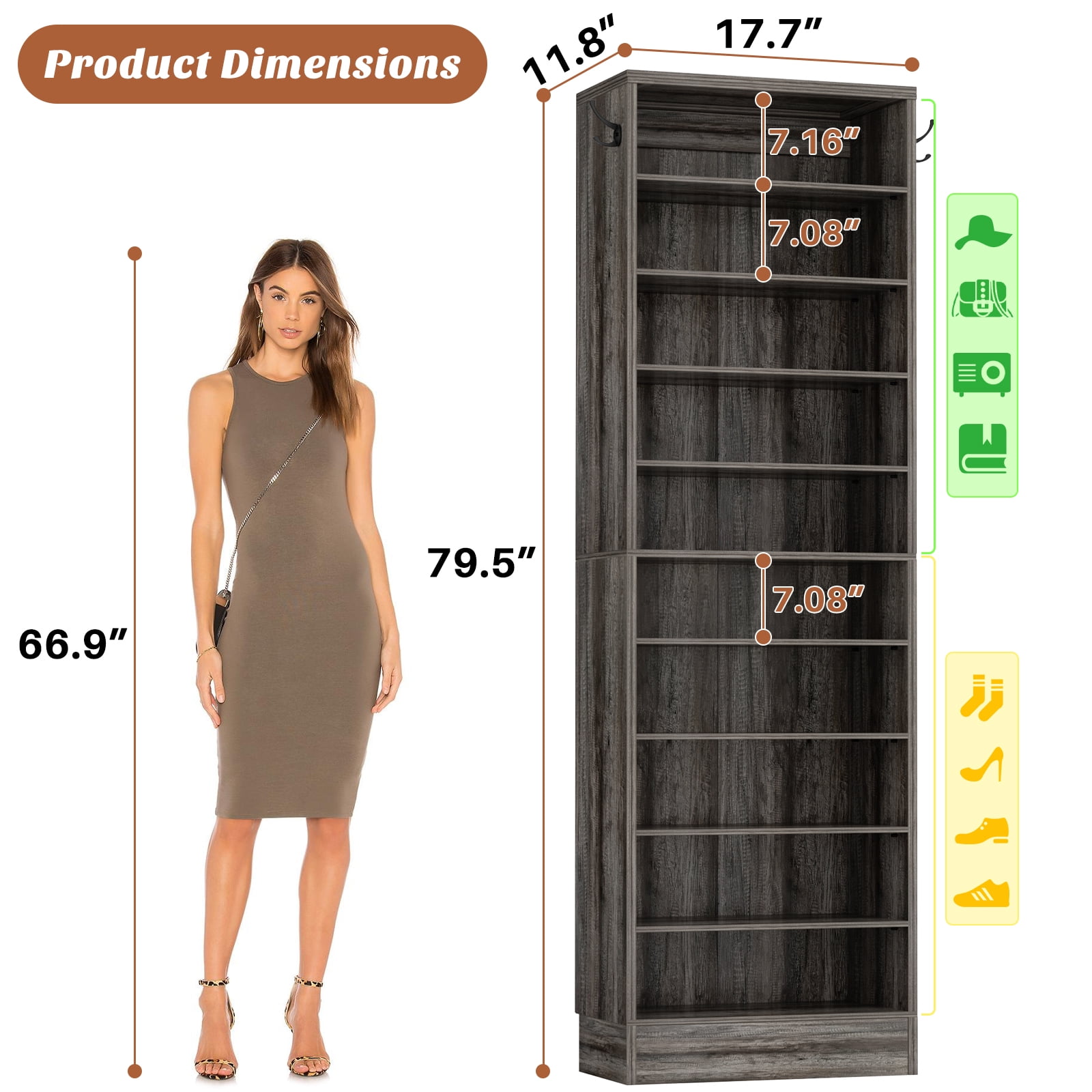 Homieasy Tall Shoe Cabinet, 10 Tiers Narrow Wood Shoe Rack, Shoe Storage Organizer with Open Storage, Vertical Shoe Shelf Tower for 20-22 Pairs, Space Saving, for Closet, Entryway, Bedroom, Black Oak