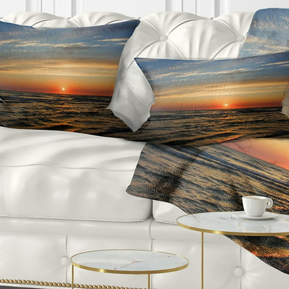 Designart Red Sunset with Dark Ocean Waves - Seascape Throw Pillow - 12x20