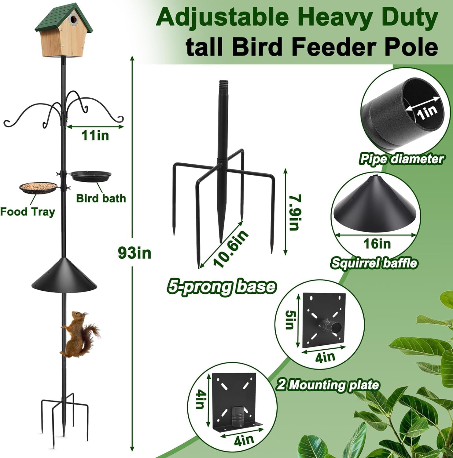 Umailgoo 92" Bird Feeder Pole with Squirrel Proof Baffle & 4 Shepherds Hooks- Adjustable Heavy Duty Bird House Feeding Station Stand Kit with 5-Prong Anchor for Outdoor Garden