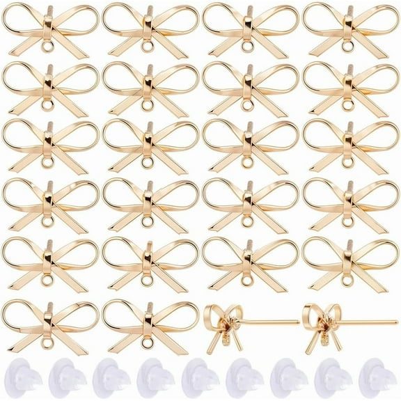 1 Box 20 Sets Real 18K Gold Plated Earring Posts Stud Earring Findings Earring Studs Earring Stud with Hole Bowknot Post Earrings for Jewelry Making Accessories DIY Dangle Earrings Supplies Gold DIY
