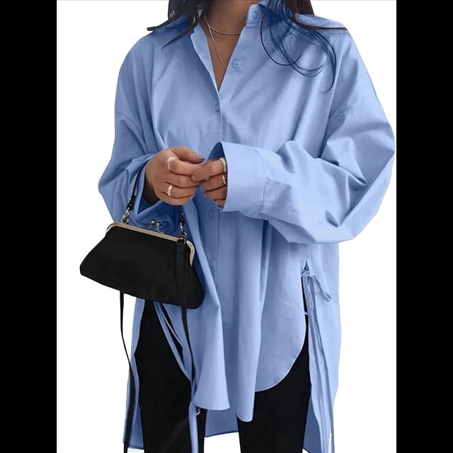 Camisas de Botones Extragrandes para Mujer, Blusas de Larga con Aberturas, Corte Alto y Bajo Azul L