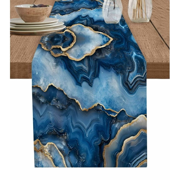 Blue Marble Table Runner 72 Inch Long Dresser Scarves Cotton Linen Tablerunners Contemporary Abstract Golden Foil Texture Dining Kitchen Burlap Table Setting Decor for Wedding Party Holiday, 13"x72"