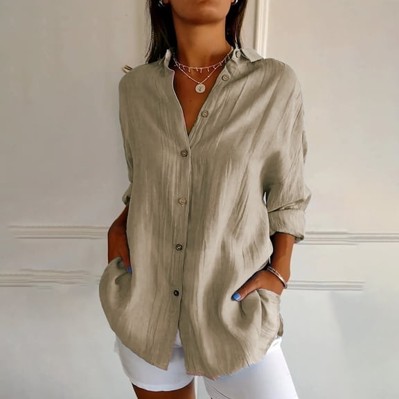 thefmos Women Plus Size V Neck Long Sleeve Button Down Blouse Casual Loose Fit Solid Tunic Tops Summer Vacation Fashion Shirt, Khaki XL