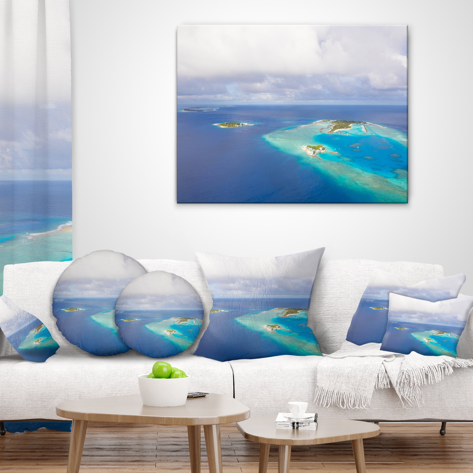 Designart Aerial View of Maldives Island - Modern Seascape Throw Pillow - 16x16