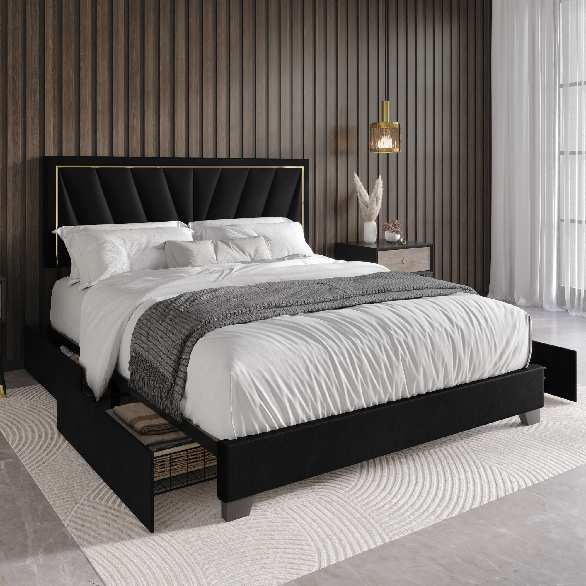 Home Design Valdez King Upholstered Storage Platform Bed Frame with Gold Aluminum Trim and Four Under-Drawers, Black, Easy Assembly