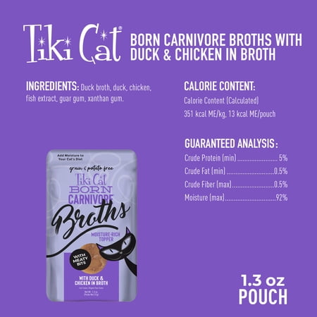 TIKI PETS TIKI CAT BORN CARNIVORE BROTHS WET CAT FOOD TOPPER, DUCK & CHICKEN, 1.3 OZ. POUCH