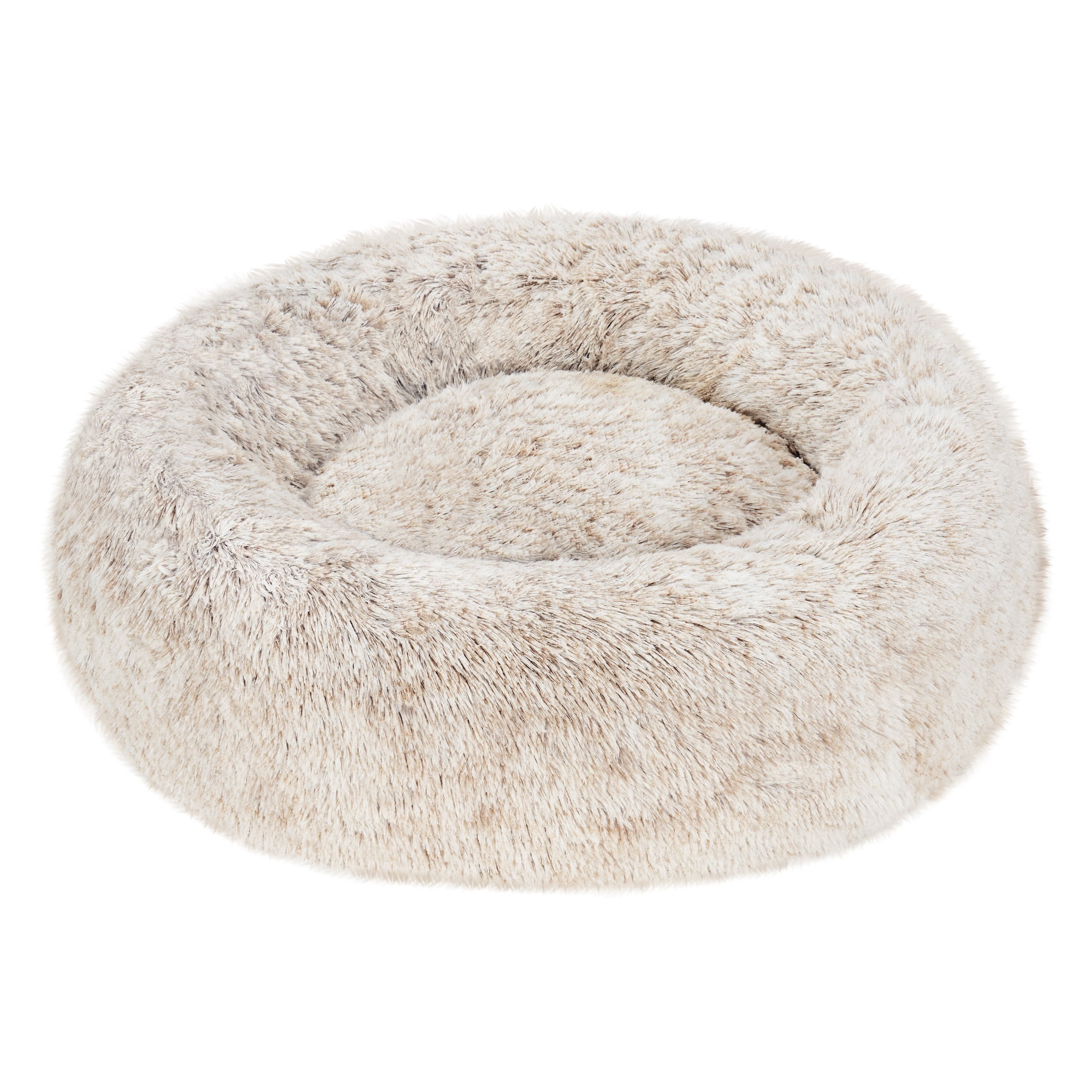 Furhaven 36" Round Calming Donut Dog Bed with Washable & Removable Cover & Bolster - Shaggy Plush Long Faux Fur Ball Bed - Driftwood, For Dogs Up to 75 lbs, Large