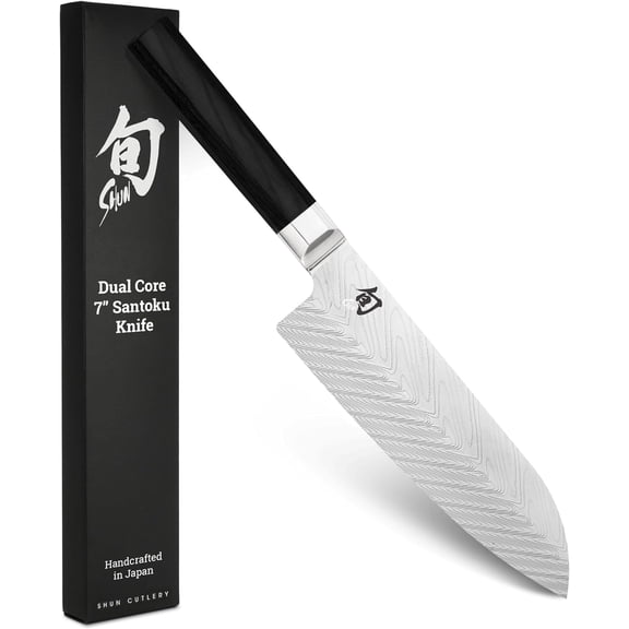 Shun Dual Core 7" Santoku Knife, Handcrafted Japanese All Purpose Knife, VG10 and VG2 Damascus Steel Blade, Pakkawood Handle, Versatile Japanese Cutting Tool