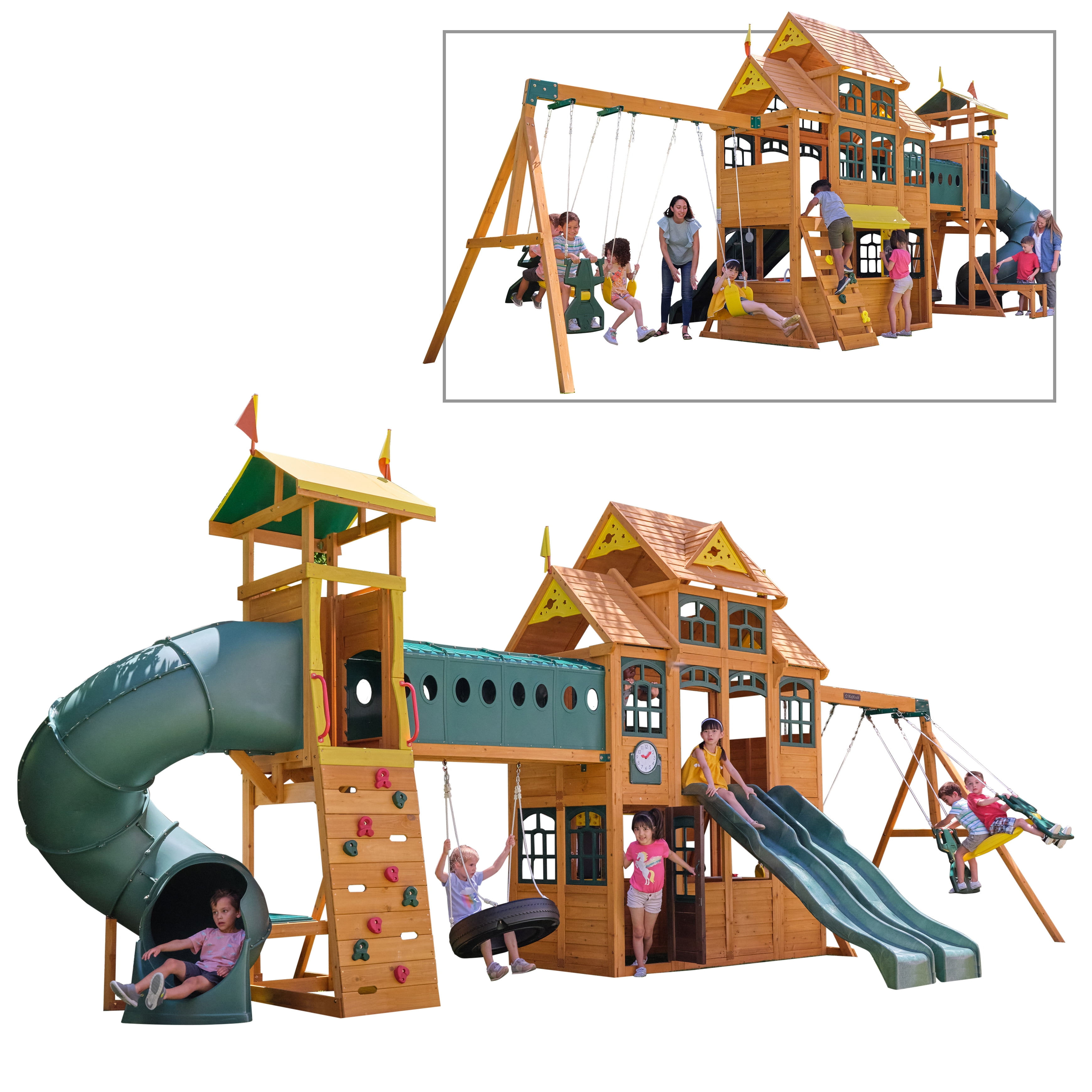 KidKraft Bear Cave Lodge Swing Set with 2 Swings and Tunnel
