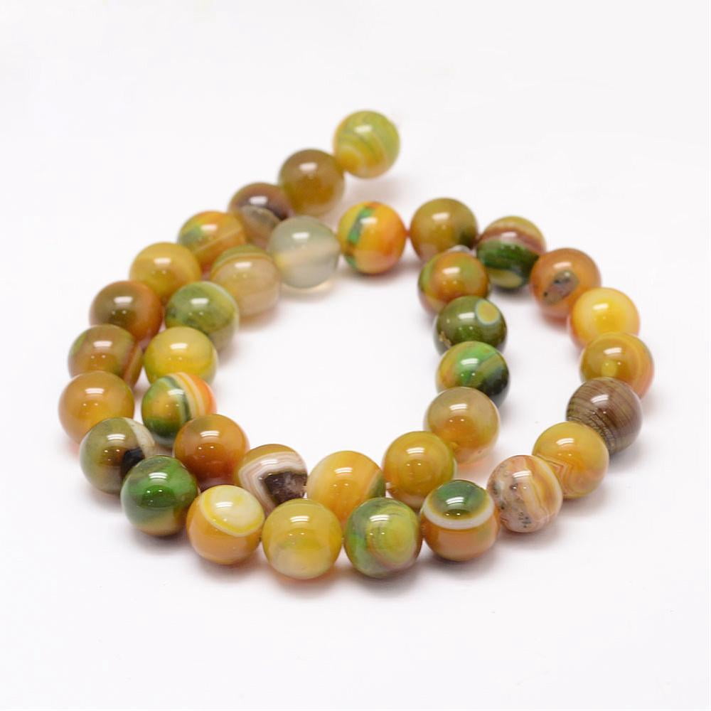 Natural Striped Agate/Banded Agate Bead Strands Round Grade A Dyed Heated Yellow Green 10mm Hole: 1mm 37~38pcs/strand 14.5 inch