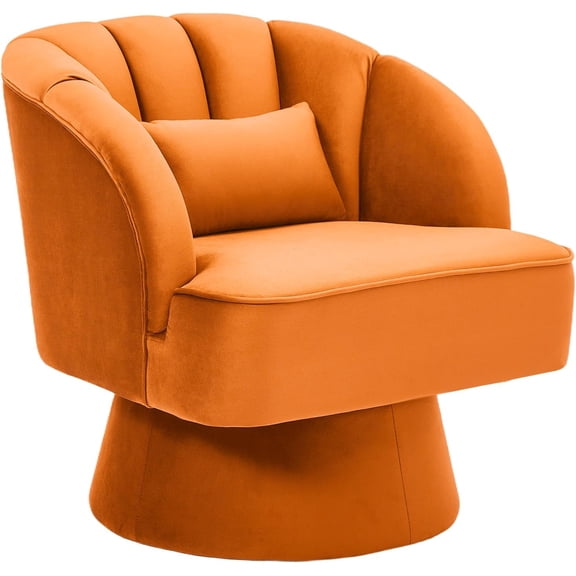 Ultra-Plush Swivel Accent Chair, 360° Barrel Lounge Chair with Cloud-Like Padding & Modern Striped Backrest, Velvet Upholstered Round Armchair for Living, Bedroom Reading Nook - Orange - 1PCS