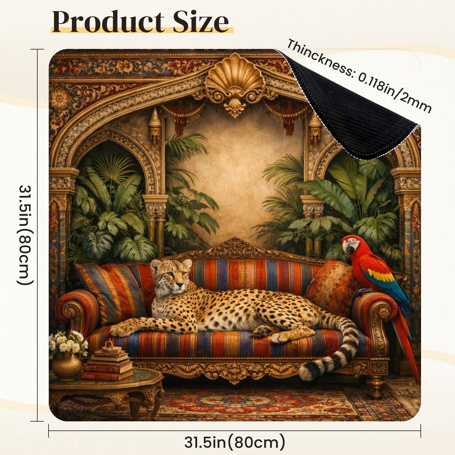 Mahjong Mat 31.5" x 31.5" Regal Cheetah Ornate Sofa Vibrant Parrot Greenery Non-Slip Noise Reduction Mahjong Tiles Table Cover for Dominoes Poker Card Board and Tile Games