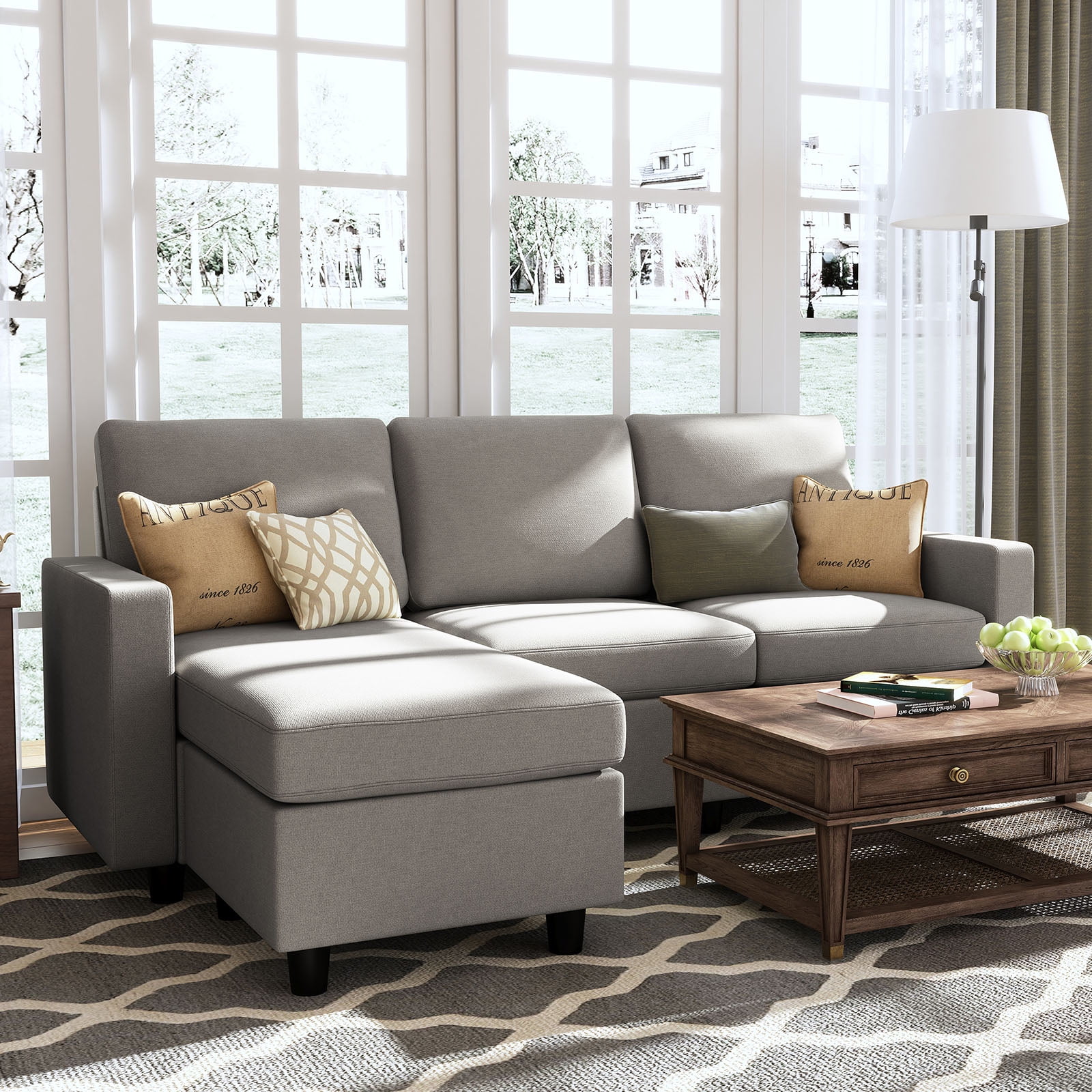 HONBAY Convertible Sectional Sofa L Shaped Couch with Chaise, Light Gray