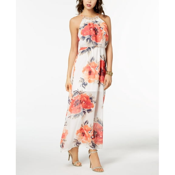 Crystal Doll Juniors Printed Beaded Illusion Maxi Dress Ivory Coral L