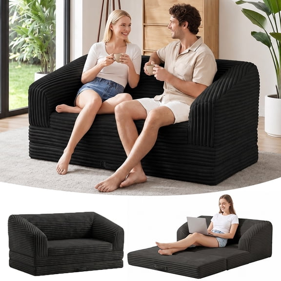 Convertible Folding Sofa Bed, 2-in-1 Loveseat Corduroy Foldable Boneless Chair Lounger Sleeper Sofa, Black
