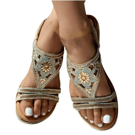 

Josdec Womens Shoes Clearance Rhinestone Round Head Hollow Out Comfy Sandals Wedge Heel Beach Shoes