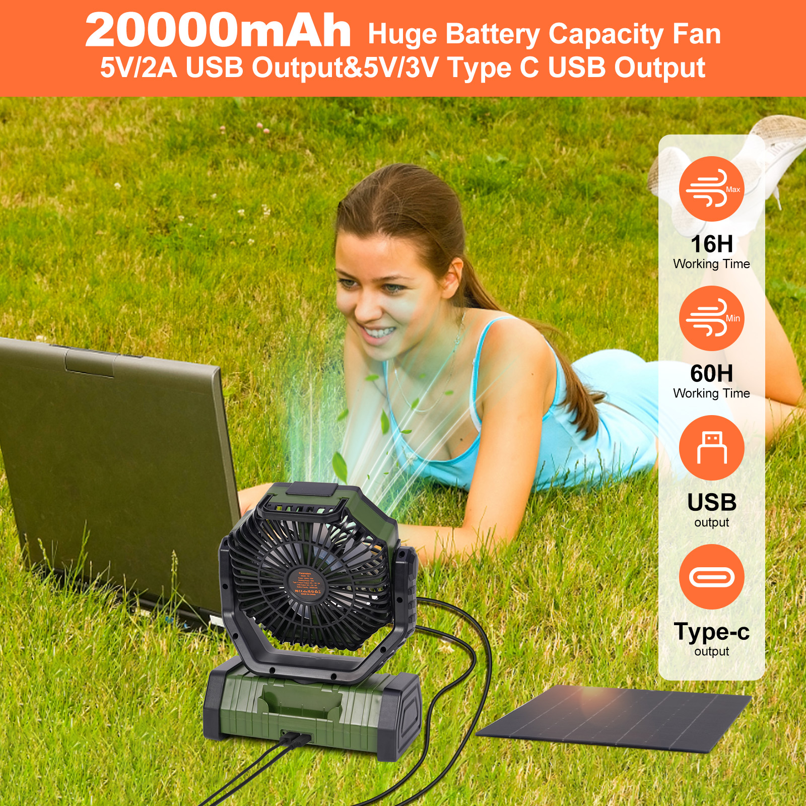 20000mAh Solar fan with LED Lantern, Camping Fan with Solar Panel, 10W Rechargeable Solar Powered Fan for Outside, Quiet Battery Operated Tent Fan for Picnic, Barbecue, Fishing