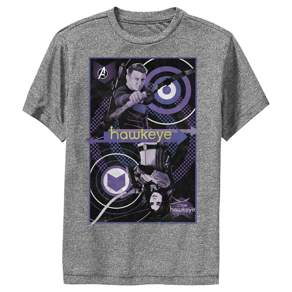 Boy's Marvel Hawkeye King of Arrows  Performance Graphic Tee Charcoal Heather Large