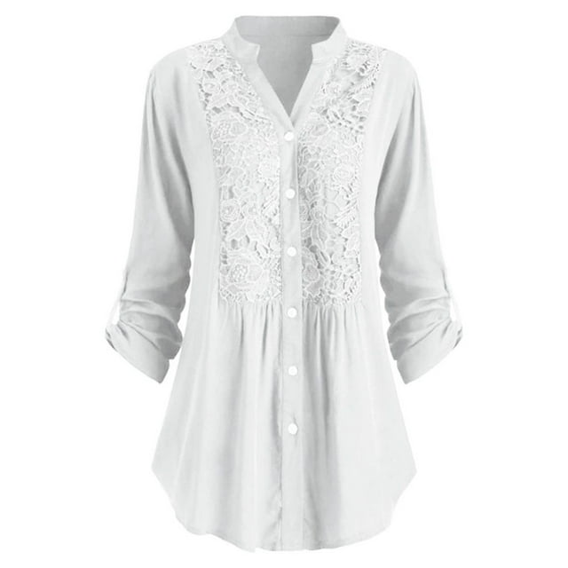 Chemise à Manches Longues en Dentelle à Col en V avec Boutons pour Femmes Grande Taille