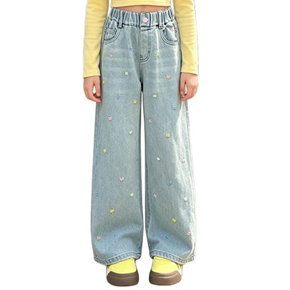 KAUOD Girls Baggy Jeans Cute Embroidery High Waist Denim Pants with Pockets Y2k Trendy Streetwear Cargo Tween Kids Casual Clothes