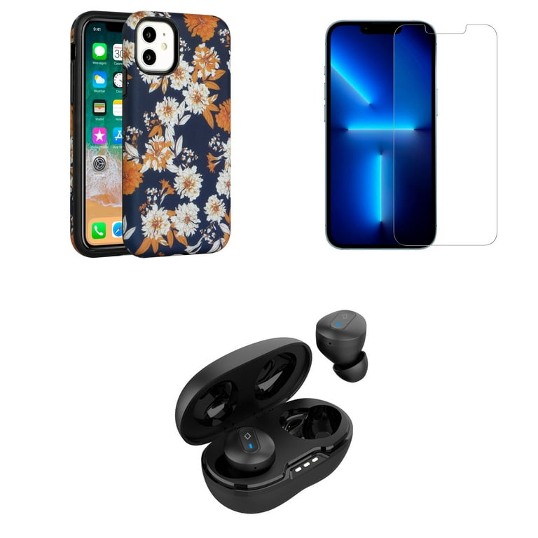 Accessories Bundle Pack for iPhone 14 Pro Max Case - Heavy Duty Case  (Vintage Orange Flower on Blue), Screen Protectors, Premium Wireless  Earbuds TWS