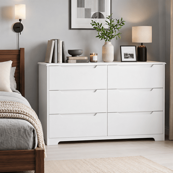 Asofer 6 Drawer Double White Dresser with Cutout Handle, Chest of Drawers for Bedroom