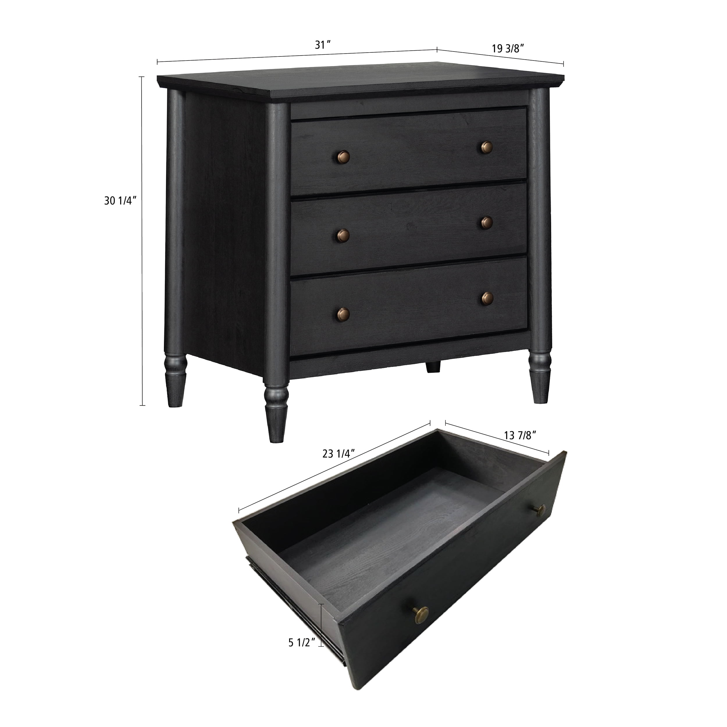 My Texas House Monroe 3 Drawer Nightstand with USB, Raven Black Oak Finish