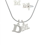 Large Initial - D - - M Initial Charm Necklace and Stud Earrings Jewelry Set