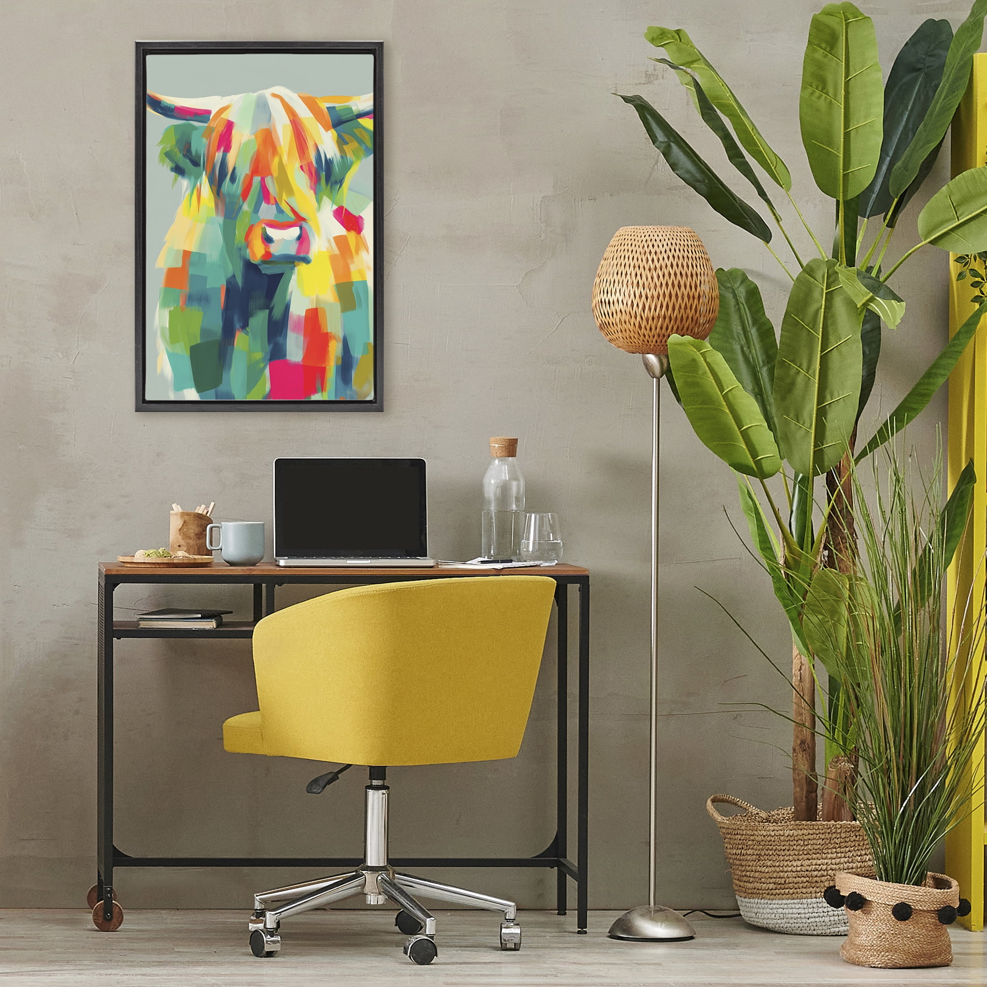 Stupell Industries Highland Cow Abstract Patchwork Black Framed Floater Canvas Wall Art, design by Chromatic Storm Studio