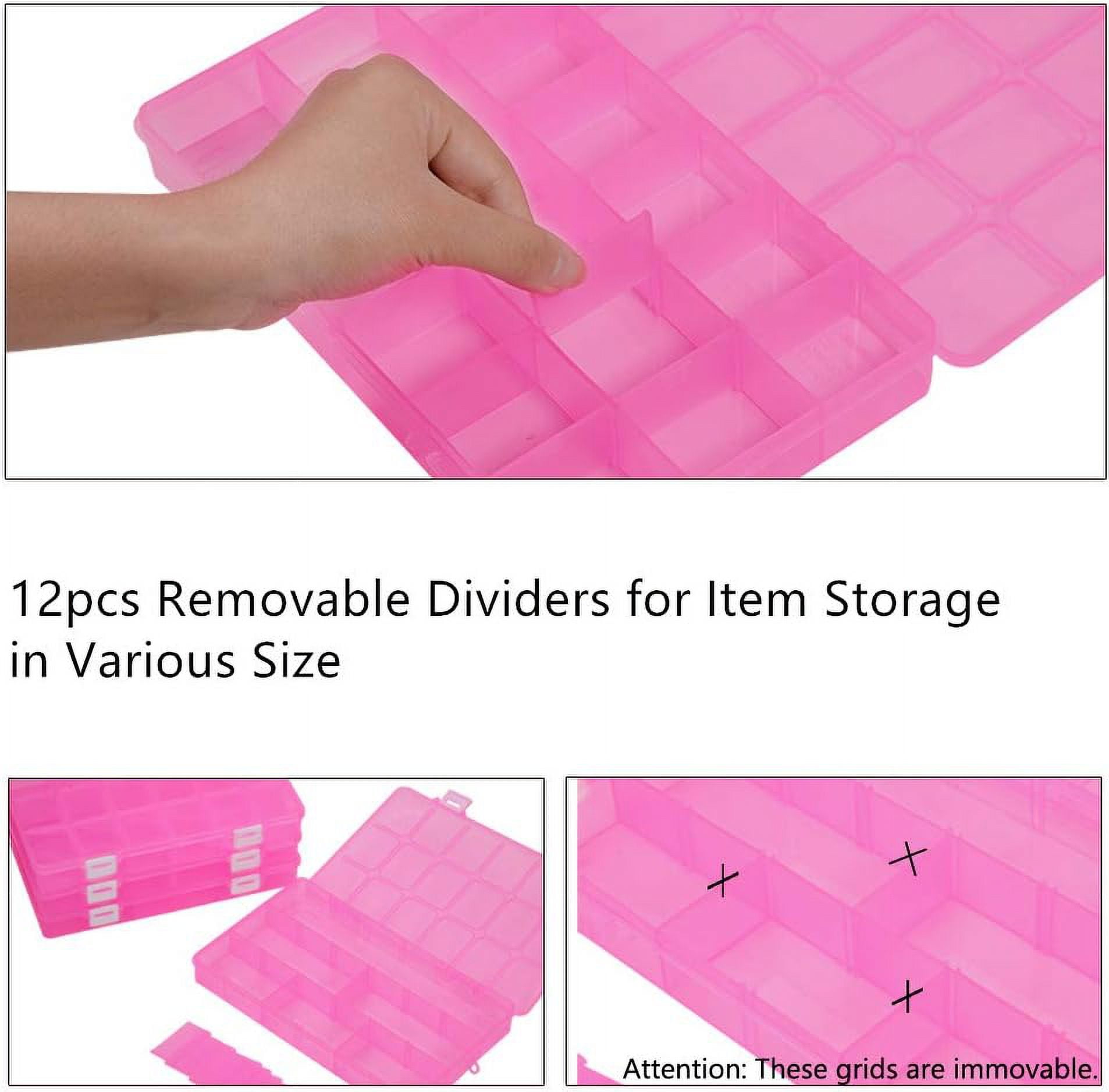 4 Pack 18 Grids Large Pink Transparent Plastic Storage Box Bead Organizer with Adjustable Dividers for Jewelry Beads Tools Craft Accessories and Other Small Items - 9.4x5.7x1.18 Inch Making DIY