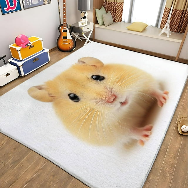 Machine Washable Area Rugs 5x7 ft with Non-Slip Backing Animal Yellow Hamster Low Pile Rug, Ideal for Hallway, Living Room, Bedroom, Kitchen and Laundry Room