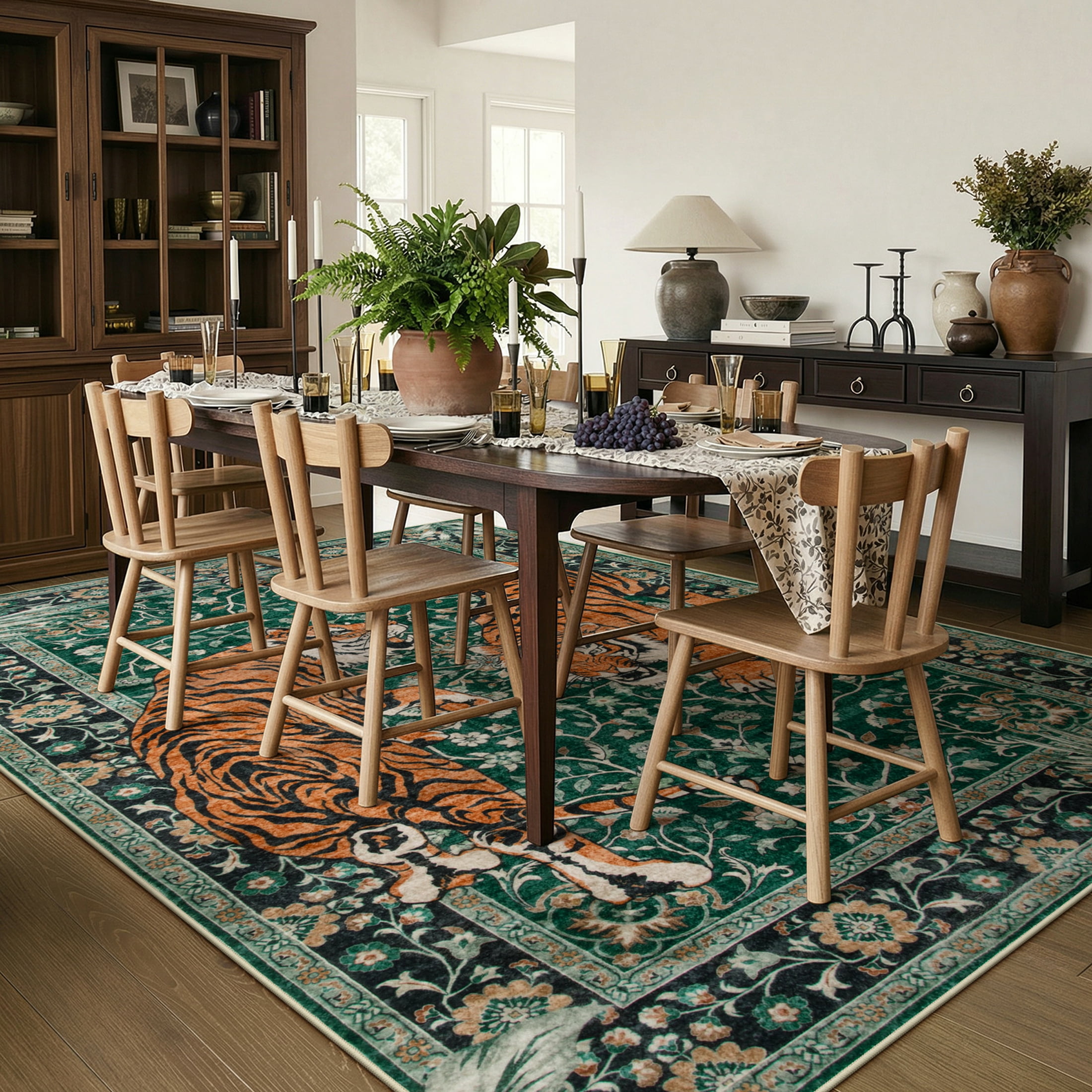 Moynesa Vintage Tiger 8'x10' Large Area Rug for Living Room, Washable Tropical Boho Rug Distressed Botanical Floral Accent Carpet for Bedroom Dining Room Low Pile Non Slip Stain Resistant, Green