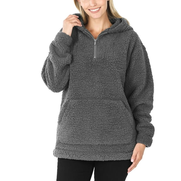 Women's Soft Cotton Candy Fleece Quarter Zip-Up Sherpa Hoodie Sweatshirt Top with Kangaroo Pocket