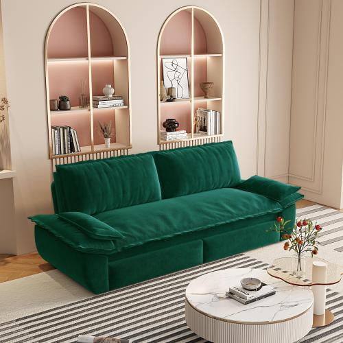 73.2 Inch Queen Pull Out Sofa Bed, 3-in-1 Convertible Sleeper Velvet Loveseat for Living Room, Guest Room, Green