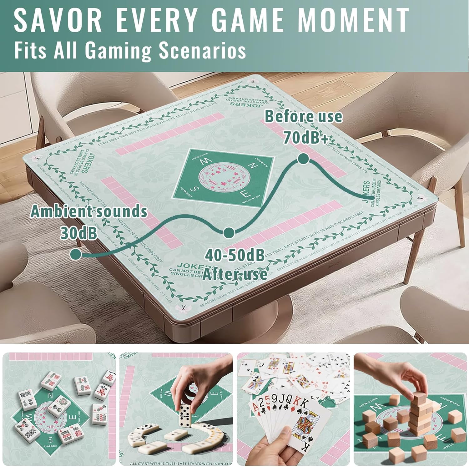 Mahjong Mat 31 * 31 Inch Non-Slip Noise Reduction, American Mahjong Mat for Table with Bag, Waterproof Surface Mah Jongg Mats for Poker, Card, Dominoes, Board & Tile Games （Light Green