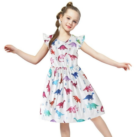 

QWERTYU Infant Baby Toddler Child Children Kids Dinosaur Dresses Sleeveless Summer Sundress Flutter Sleeve Dress for Girls 18M-6Y 110