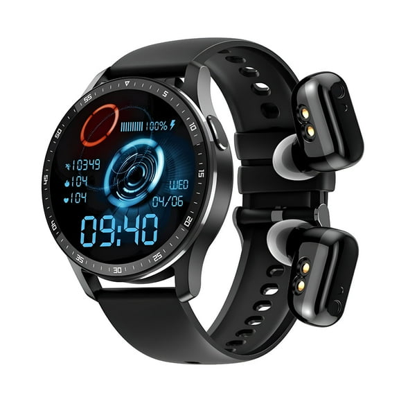GJX 2 in 1 Smartwatch with True Wireless Earbuds 1.32" Black Zinc Aluminum Case with Black Silicone Band