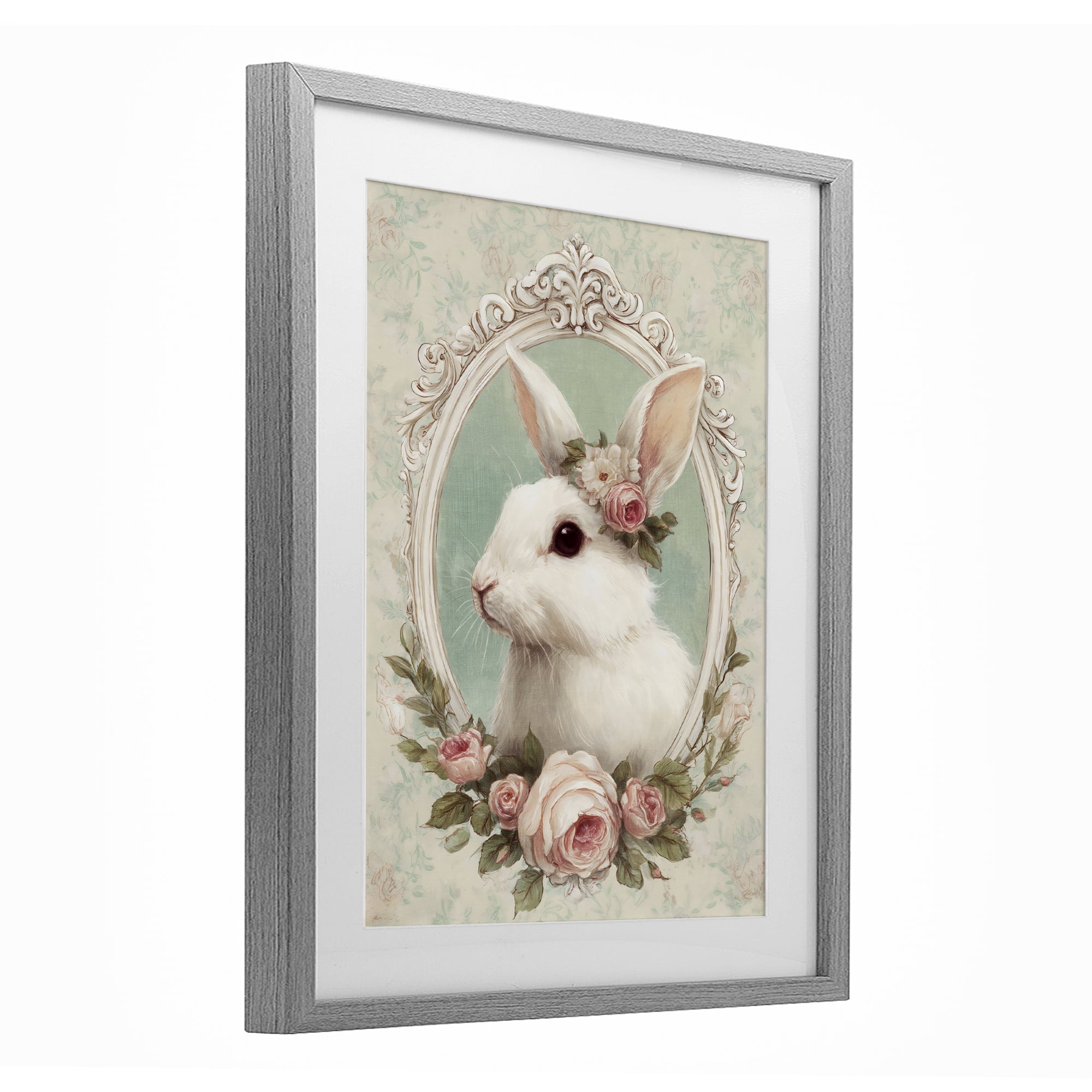 Stupell Industries Flower Fringed Bunny Portrait Gray Framed Print Under Glass, design by Ink Drop Loft