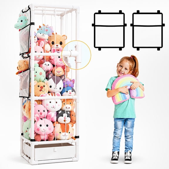 Stuffed Animal Storage Organizer Pre-Assemble PVC Toy Storage,Stuffy Plushies Storage with Elastic Band and Mesh Bottom and Bottom Storage Bin,Toy Storage Organizers for Playroom Bedroom Nursery