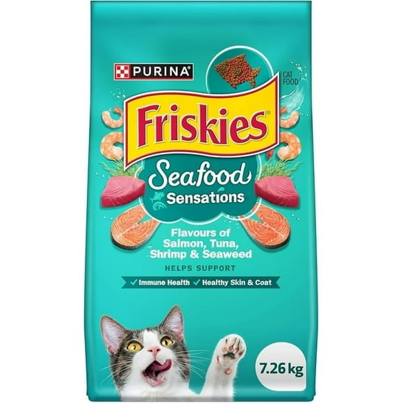 Friskies Sensations de Fruits de Mer Nourriture Sèche pour Chats, Saumon, Thon, Crevettes et Algues - Sac de 7,26 kg