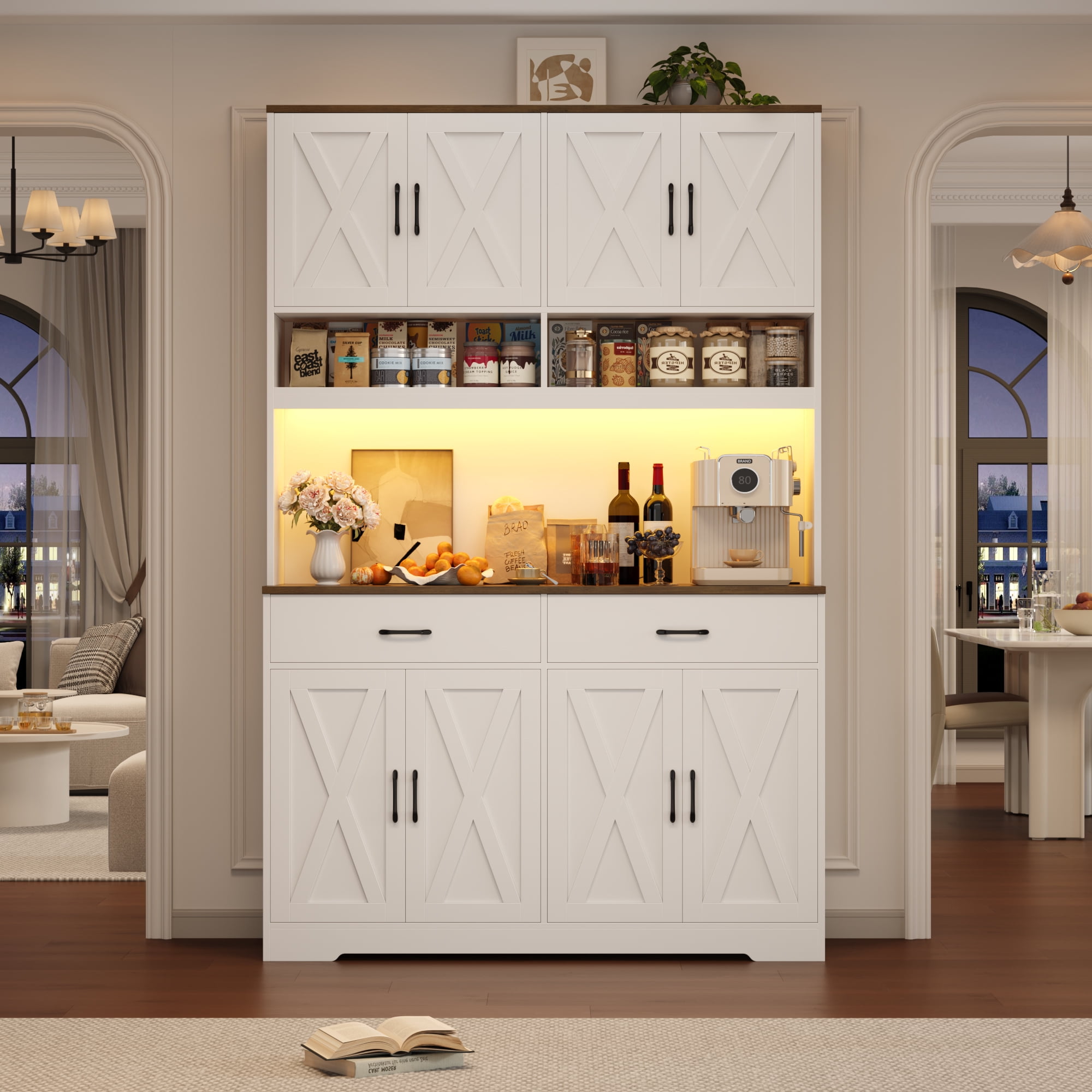 Hiphuta Farmhouse Kitchen Pantry Storage Cabinet, 71”H Freestanding Hutch with 8 Doors and 3 Drawers for Dining and Living Room, White